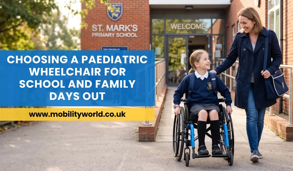 Child using a paediatric wheelchair arriving confidently at school with a parent.