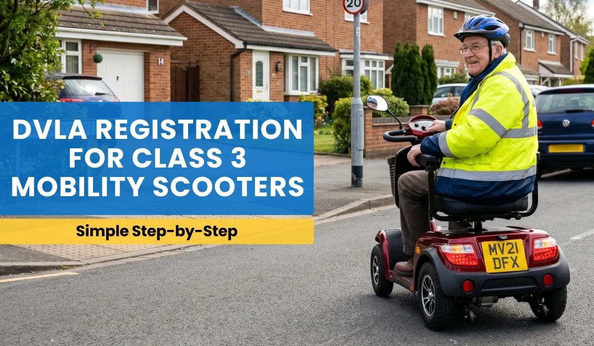 Class 3 mobility scooter with number plate and lights being used safely on a UK road.