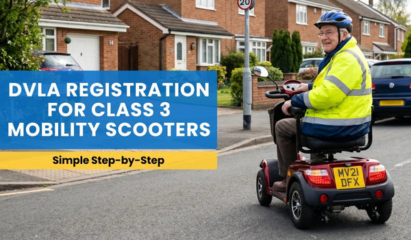 Class 3 mobility scooter with number plate and lights being used safely on a UK road.