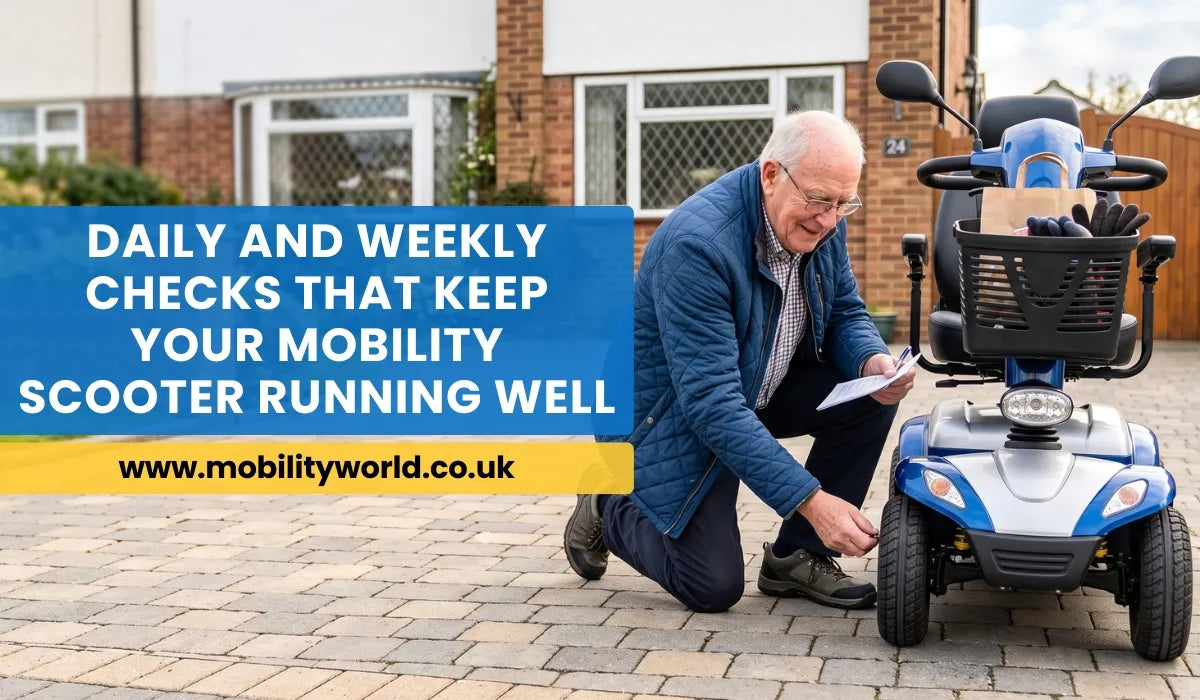 Elderly man performing a daily safety check on his mobility scooter before leaving home.