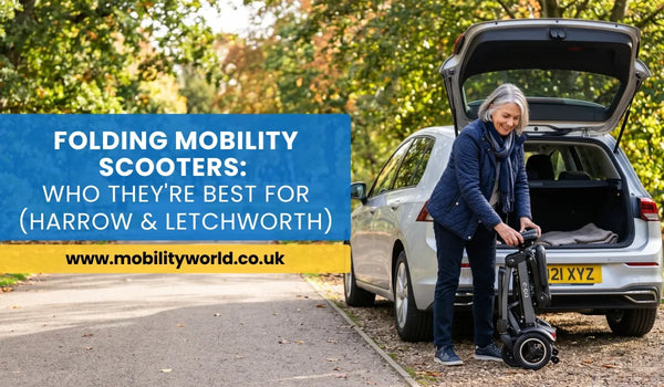 Folding mobility scooter beside a UK park pathway with car boot access for easy transport.