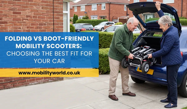Folding mobility scooter and boot mobility scooter being compared beside a family car.