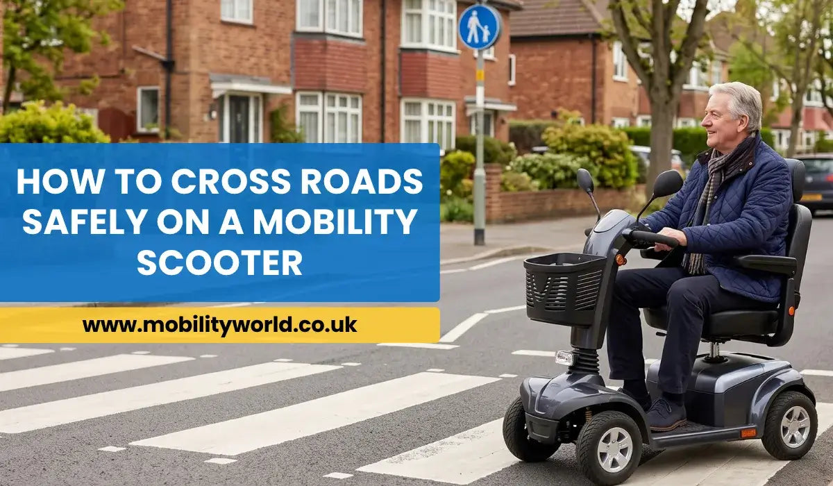 Older adult crossing a UK road safely on a mobility scooter