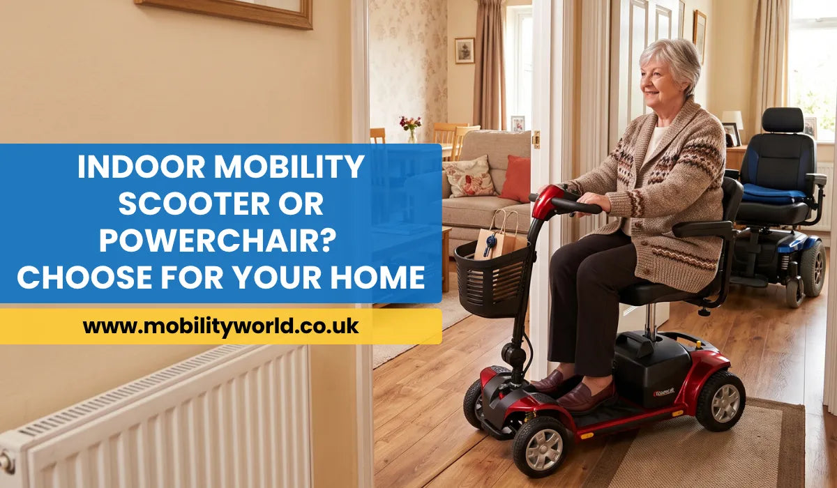 Older adult using a compact mobility scooter through a home doorway