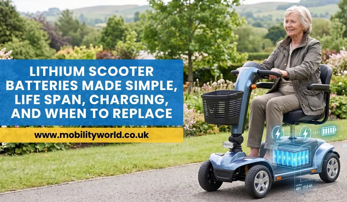 Modern mobility scooter powered by a lithium battery with battery technology highlighted