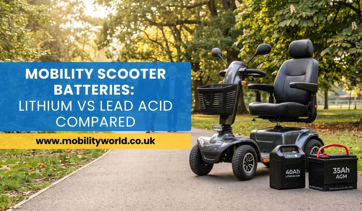 Lithium and lead-acid mobility scooter batteries compared beside a modern mobility scooter.