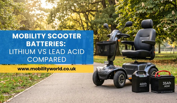 Lithium and lead-acid mobility scooter batteries compared beside a modern mobility scooter.