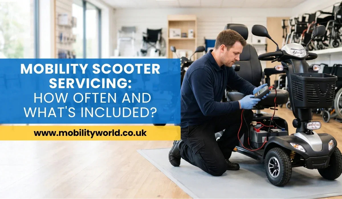 Engineer performing an annual mobility scooter service in a professional workshop.