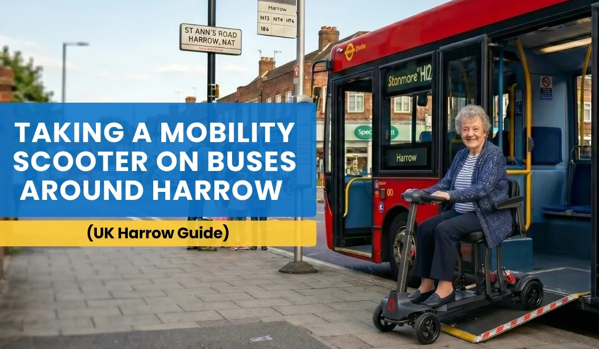 Mobility scooter user boarding an accessible bus in Harrow using a ramp and designated wheelchair bay.