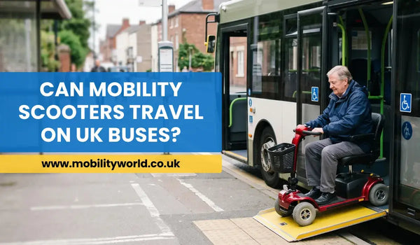 Older adult boarding a UK bus with a compact mobility scooter using an accessibility ramp