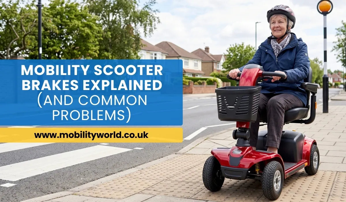 Mobility scooter stopping safely at a pedestrian crossing using automatic brakes.