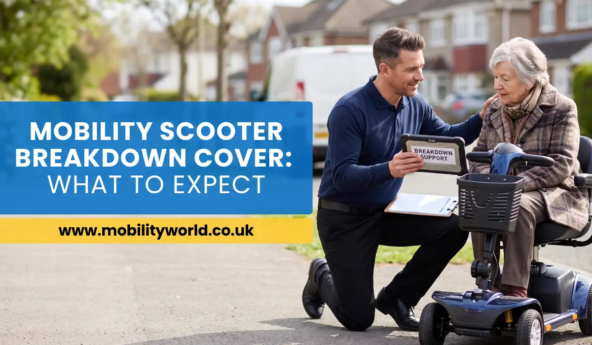 Mobility specialist assisting a mobility scooter user with breakdown support.