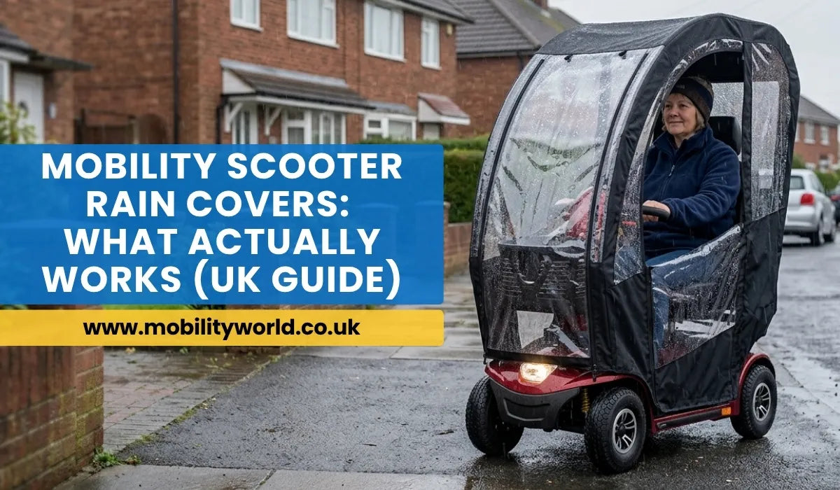 Mobility scooter with full canopy rain cover keeping rider dry in UK rain