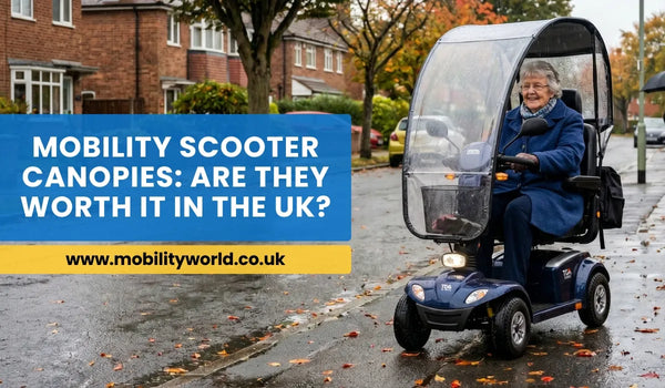 Mobility scooter with full weather canopy protecting the rider during rainy UK conditions.