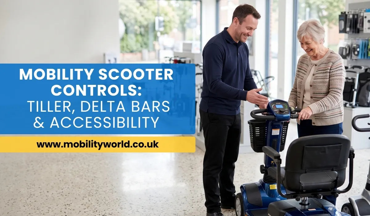 Mobility specialist demonstrating tiller and delta bar controls on mobility scooters in a showroom.