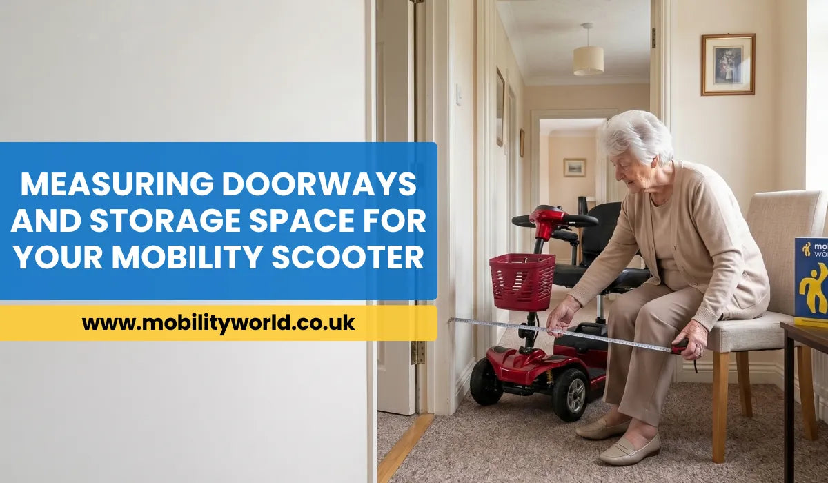 Older adult measuring a doorway beside a mobility scooter to check home access.