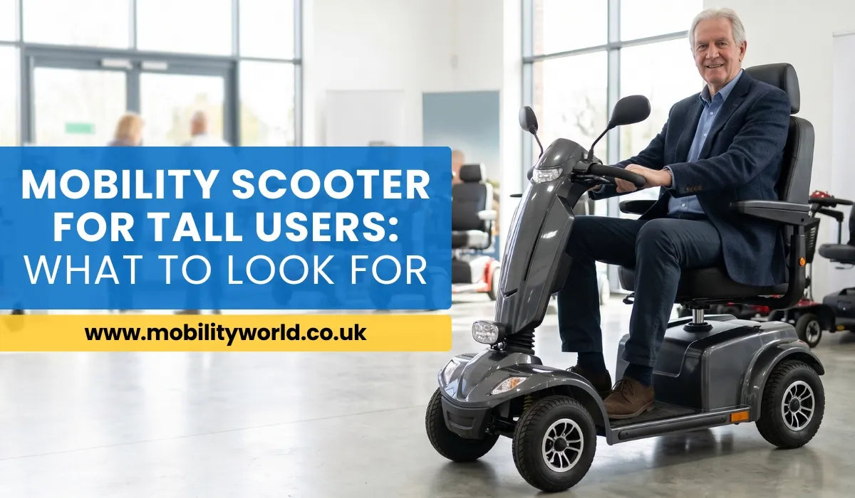 Tall mobility scooter user demonstrating proper legroom, seat height and tiller adjustment on a Class 3 scooter.