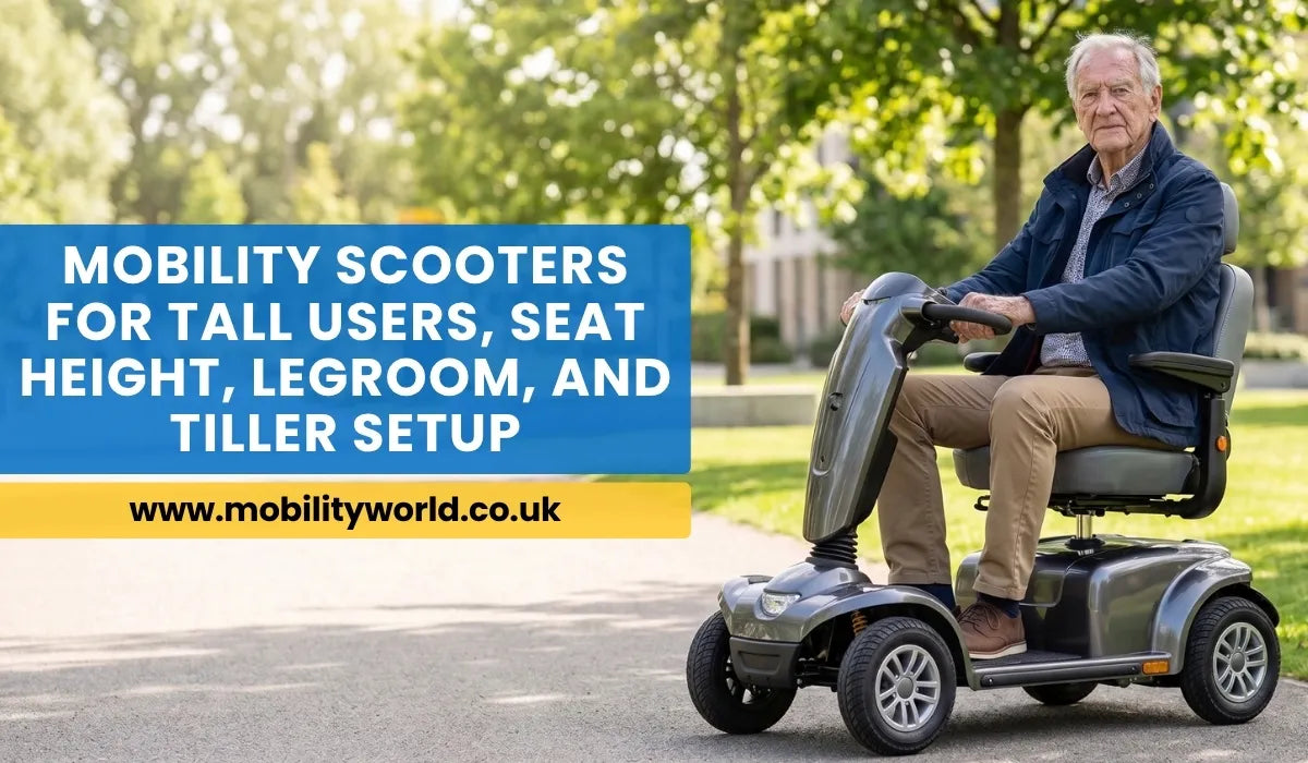 Tall rider comfortably using a mobility scooter with correct seat height and legroom.