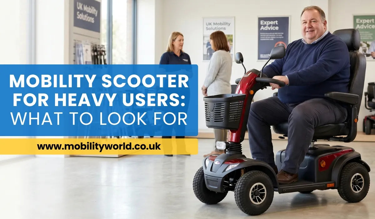 Heavier user sitting comfortably on a Class 3 mobility scooter with a reinforced frame and wide supportive seat.
