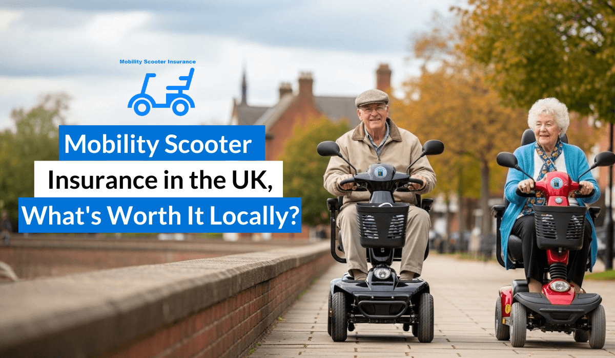 Mobility scooter insurance on an outdoor path, showing stability and grip for customers near Harrow and Letchworth