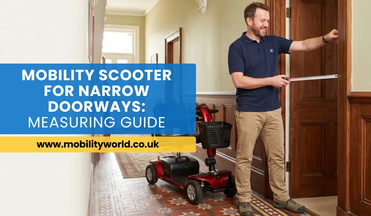 Person measuring a narrow doorway with a tape measure before choosing a mobility scooter for home access.