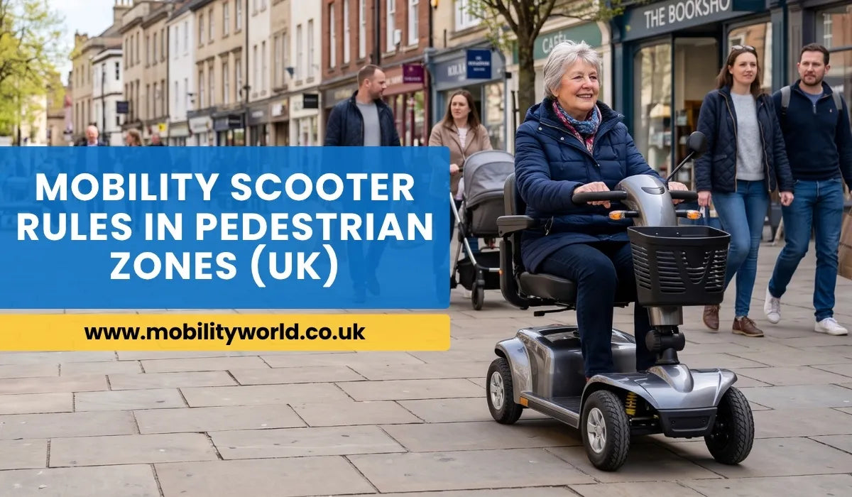 Class 2 mobility scooter travelling safely through a UK pedestrian shopping zone at walking pace.