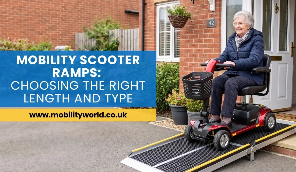 Mobility scooter user safely accessing a home entrance with a portable ramp