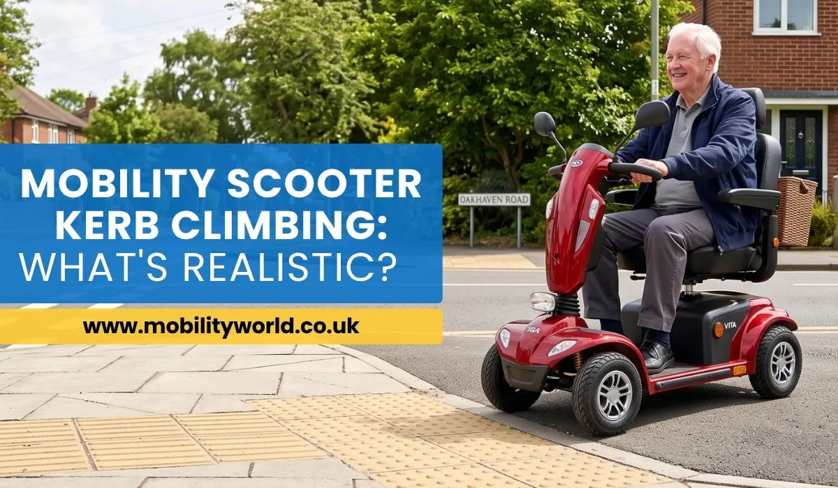 Class 3 mobility scooter safely using a dropped kerb at a UK pedestrian crossing.