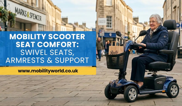 Person using a mobility scooter with a supportive high-back seat, adjustable armrests, and swivel seat in an outdoor UK setting.