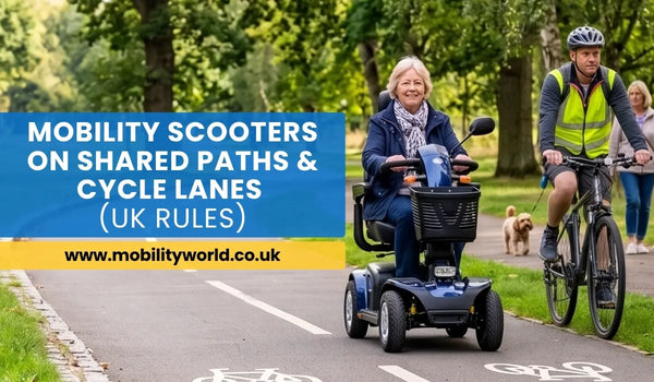 Class 2 mobility scooter travelling safely on a shared-use cycle track separated from the road in the UK.