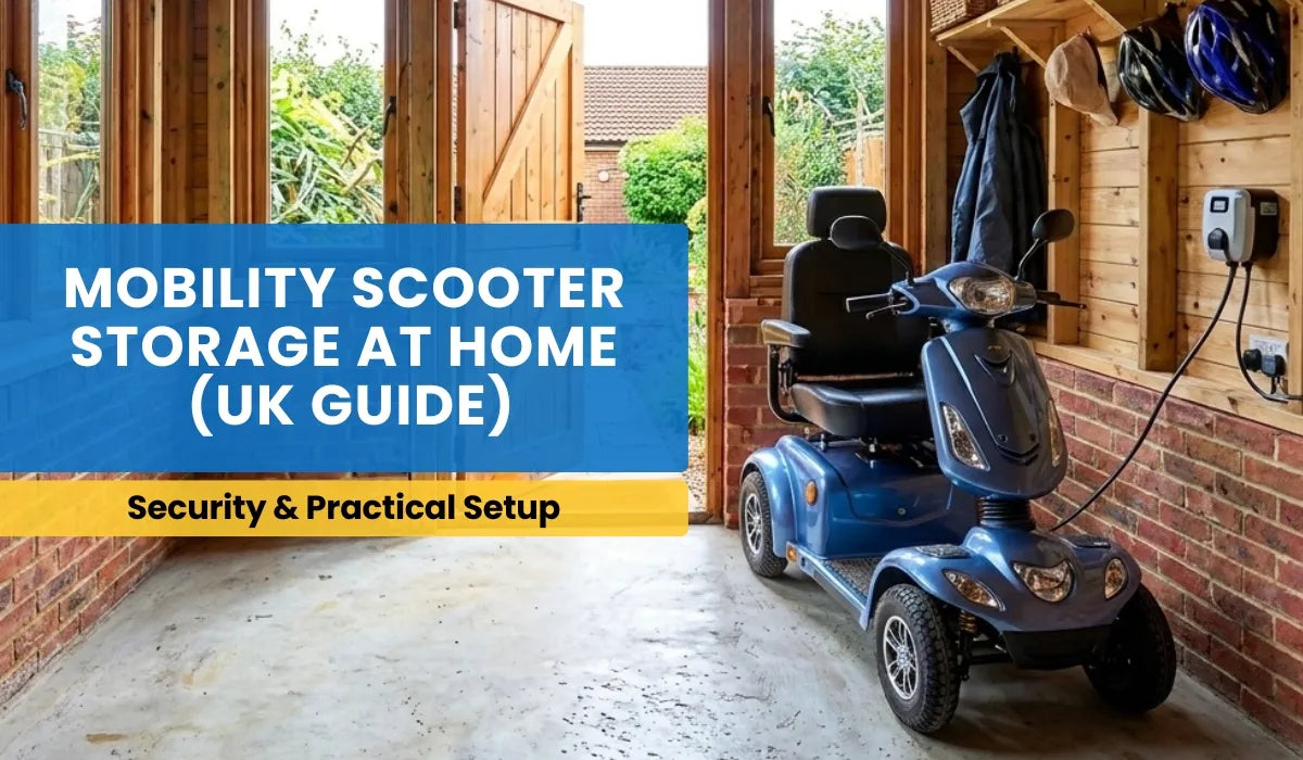 Mobility scooter stored safely in a shed with battery charging from a nearby wall socket