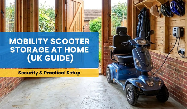 Mobility scooter stored safely in a shed with battery charging from a nearby wall socket