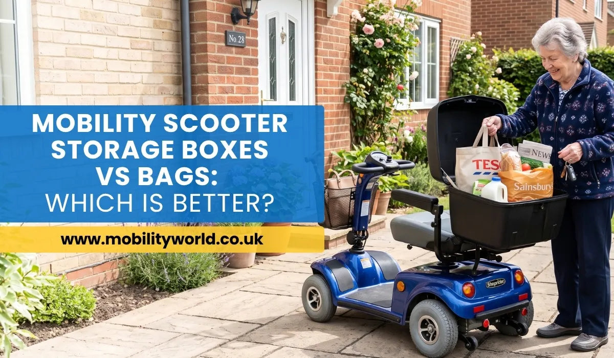 Mobility scooter with rear storage box for carrying shopping and personal belongings