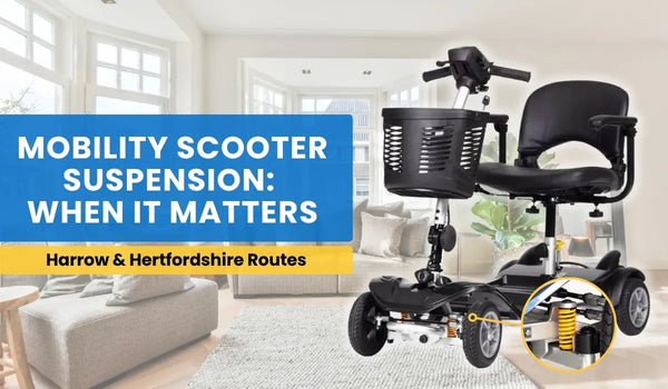 Mobility scooter with front suspension highlighting smoother rides on Harrow and Hertfordshire routes.
