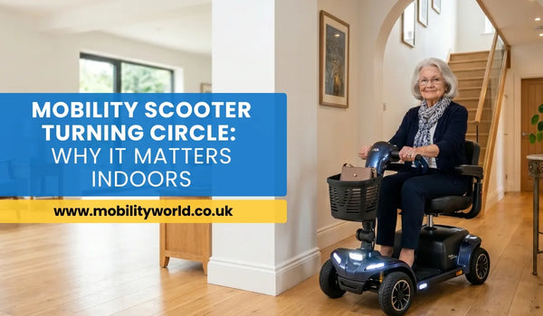 Mobility scooter demonstrating a tight turning circle inside a modern UK home.
