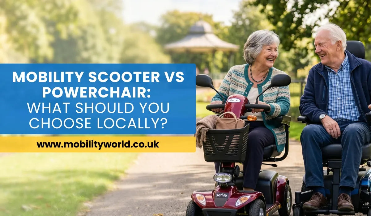Two adults travelling side by side in a UK park using a mobility scooter and a powerchair, illustrating the differences between the two mobility aids.
