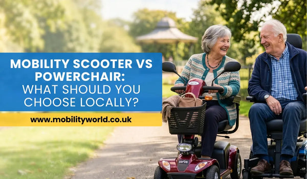 Two adults travelling side by side in a UK park using a mobility scooter and a powerchair, illustrating the differences between the two mobility aids.