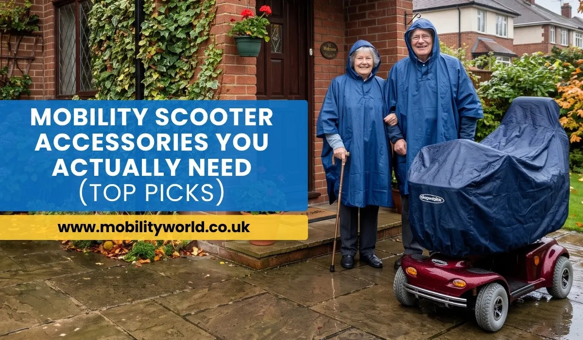 Mobility scooter equipped with practical accessories including storage, mirrors, lights and a weatherproof cover outside a UK home.