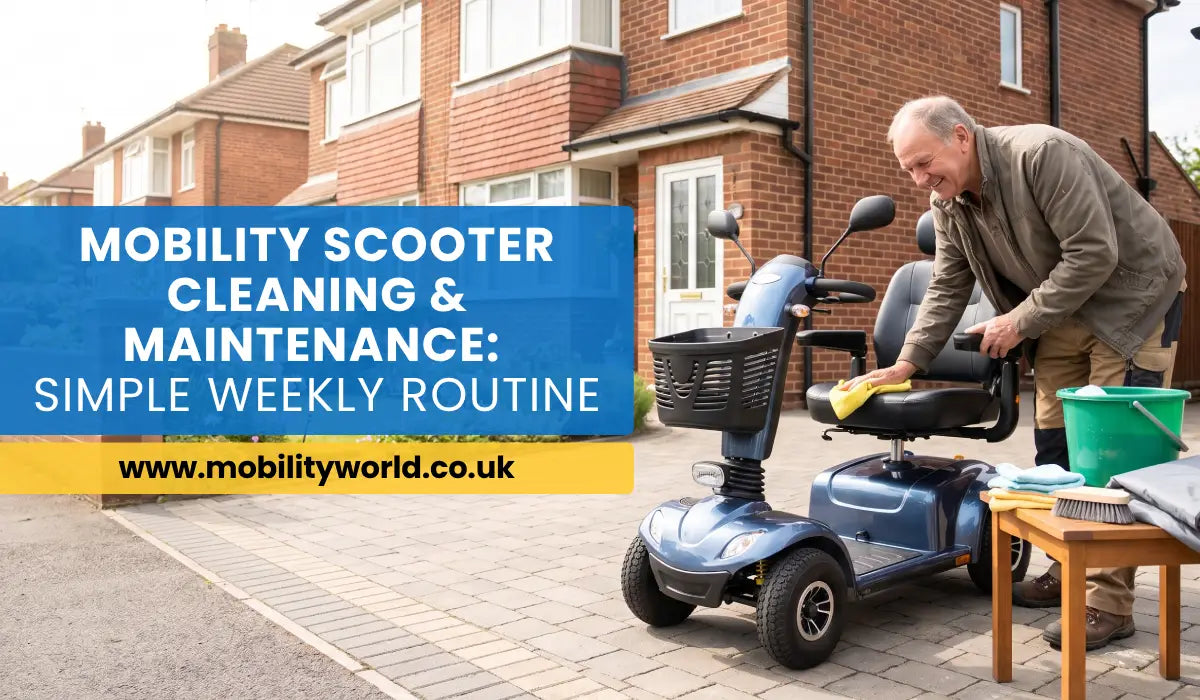 Older adult cleaning a mobility scooter during a simple weekly maintenance routine outside a UK home.