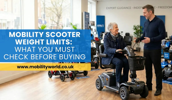 Older adult exploring mobility scooter options with expert advice in a UK mobility showroom.