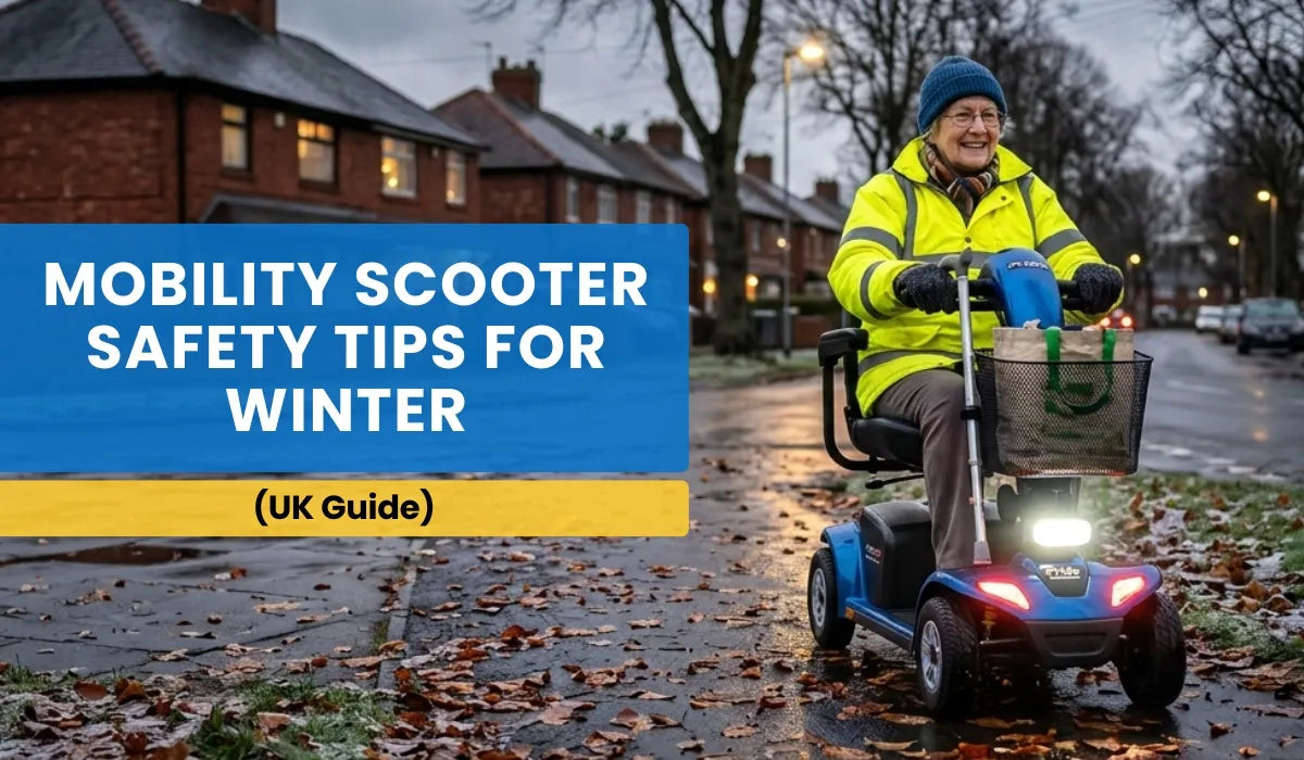 Mobility scooter user travelling safely on a wet UK pavement during winter wearing high-visibility clothing.
