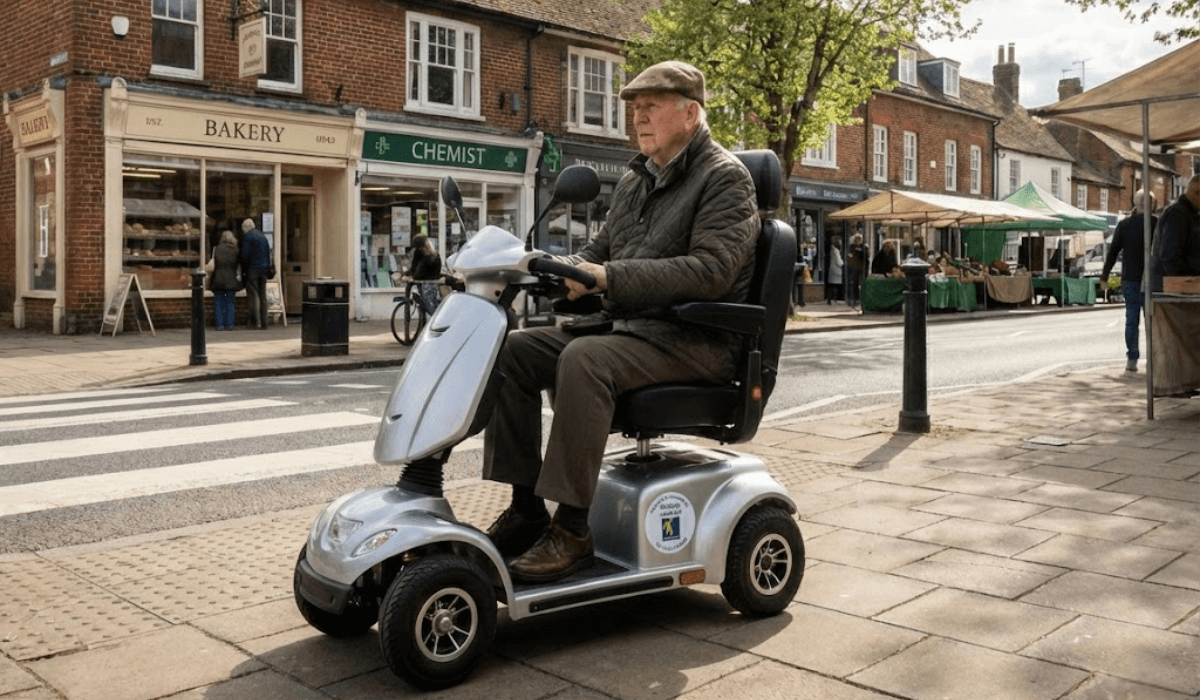 Mobility scooter user travelling in Baldock on a pavement route with kerbs and crossings