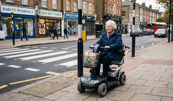 Mobility scooter on a pavement route in Barnet near crossings and shops