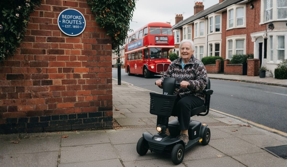Mobility scooter user on a UK pavement in Bedford, supported by Mobility World Letchworth