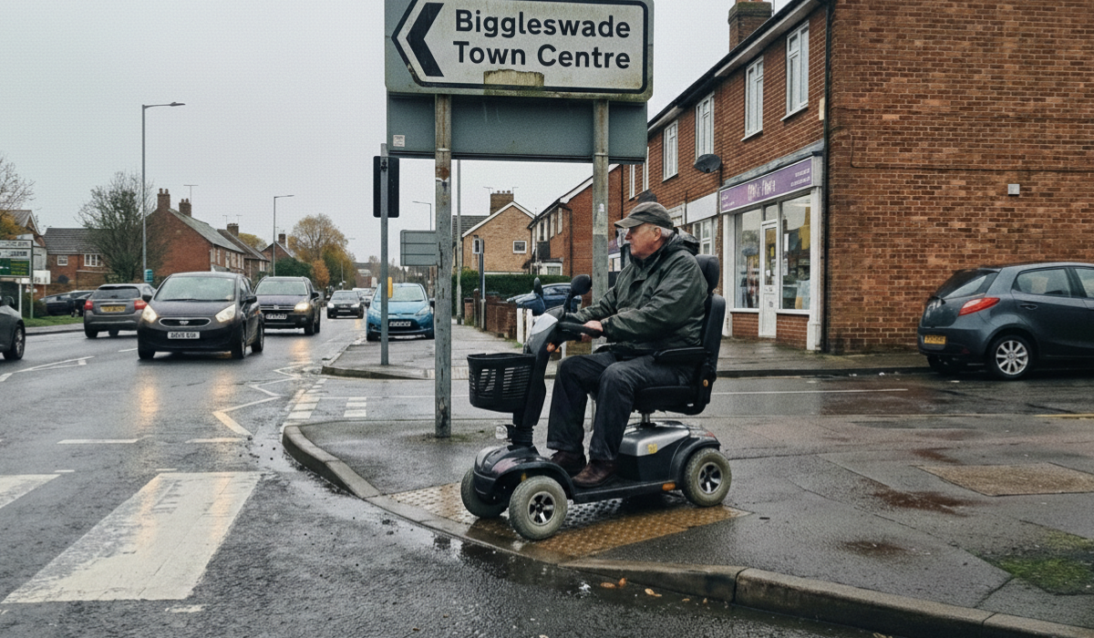 Mobility scooter user travelling through Biggleswade on a pavement route with kerbs and crossings