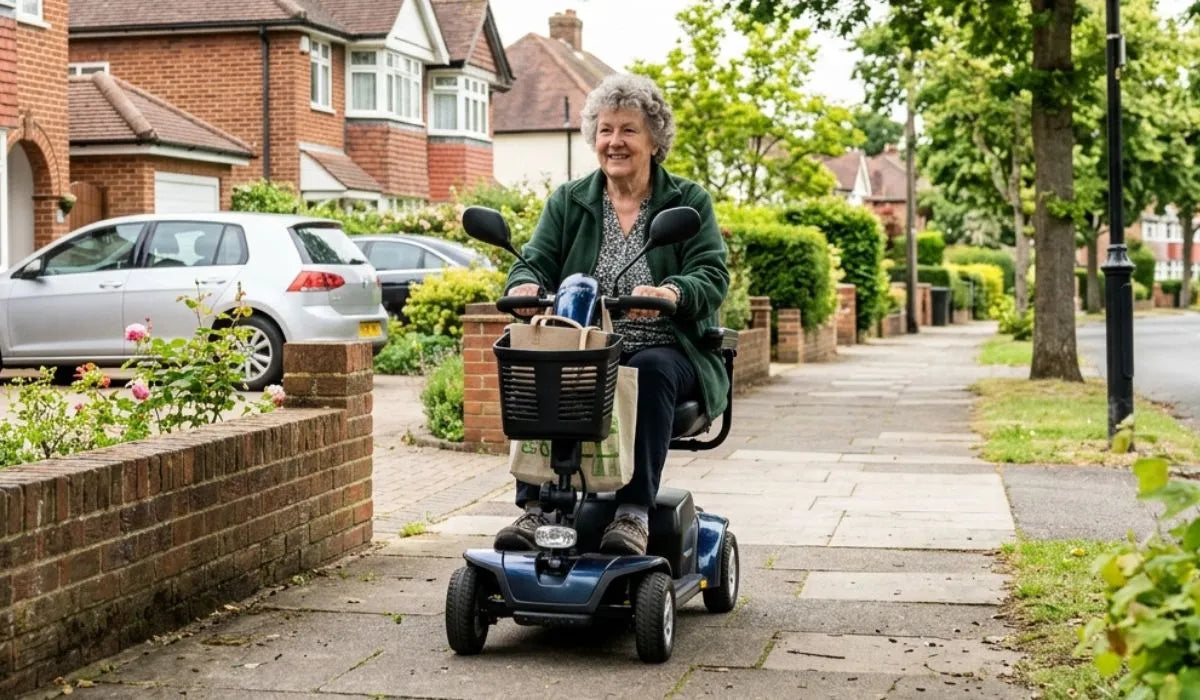 Pavement mobility scooter on residential route in Bricket Wood
