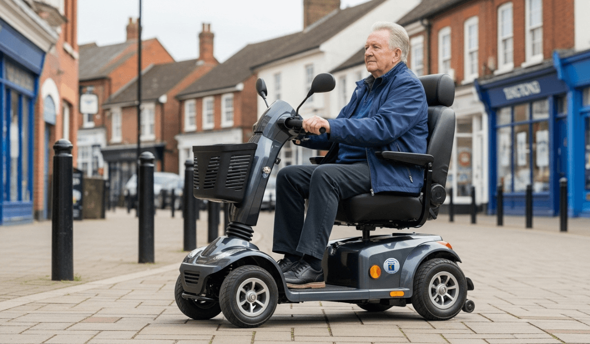 Mobility scooter on a town pavement near riverside routes in cheshunt