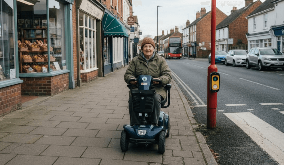 Mobility scooter on a pavement route in Ely with real-world surfaces and crossings