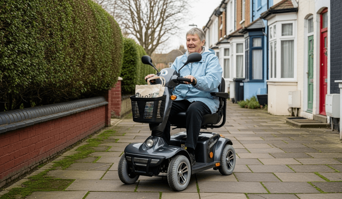 Mobility scooter on a town pavement  routes in Hoddesdon