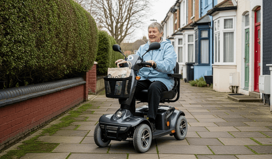 Mobility scooter on a town pavement  routes in Hoddesdon